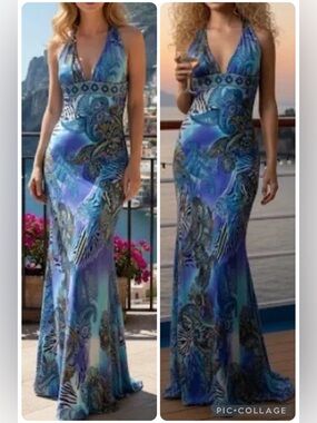Stunning Y2K Cache Silk Abstract Paisley Halter Evening Gown/ Dress w/ Beadwork